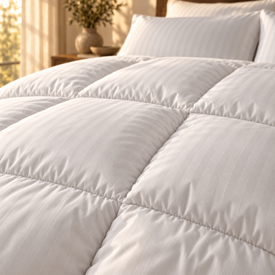Couette satin premium blanche en satin de coton rayé, au piquage en carreaux cloisonnés et finition passepoilée.
