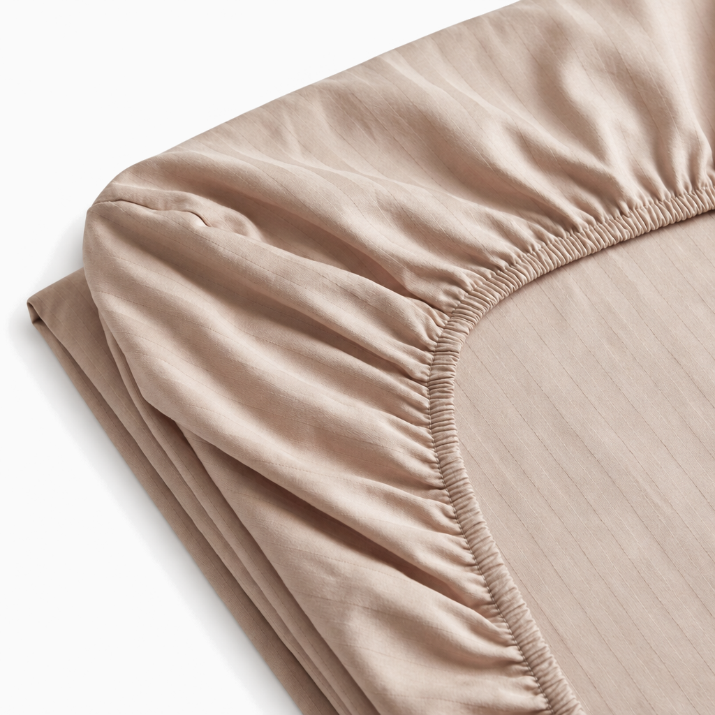 Drap-housse satin de coton rayures Crème Cappuccino – Maison Textile