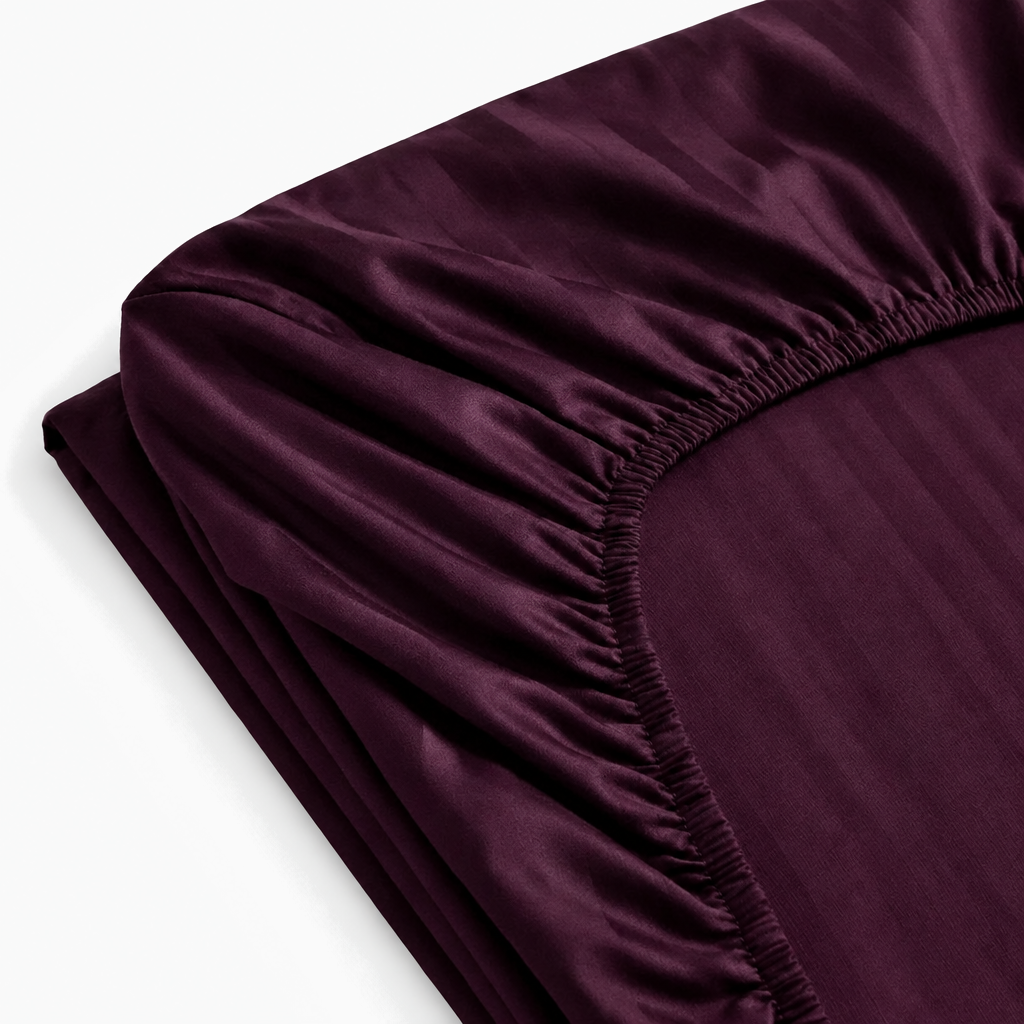 Drap-housse satin de coton rayures Mauve Bordeaux – Maison Textile