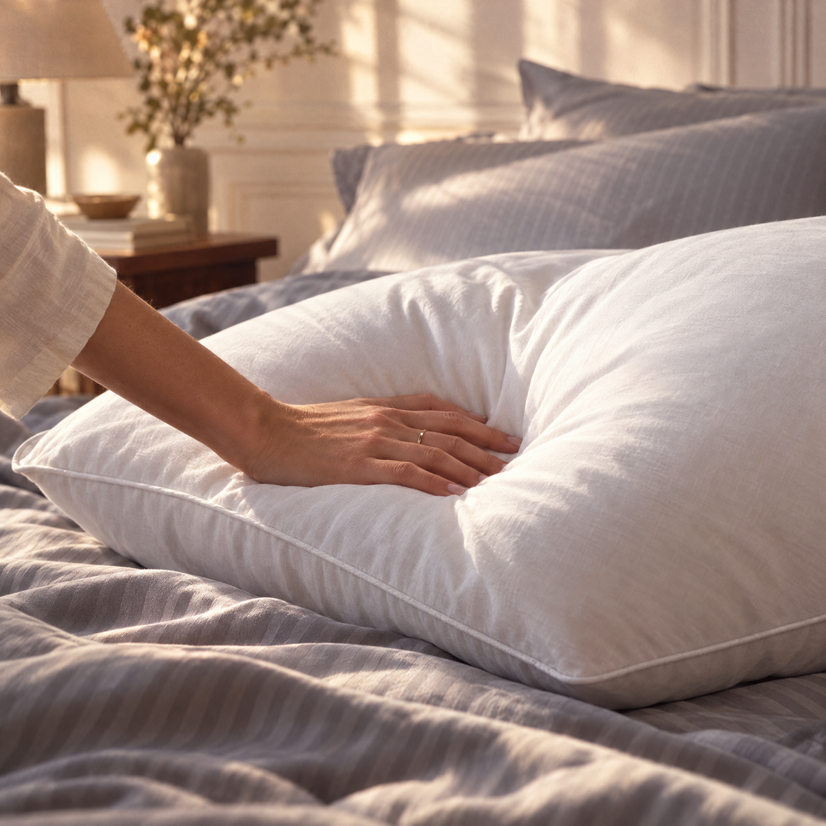 Main posée sur l'oreiller 100 % duvet d'oie qui s'enfonce en douceur, sur un lit en satin de coton Gris Brume