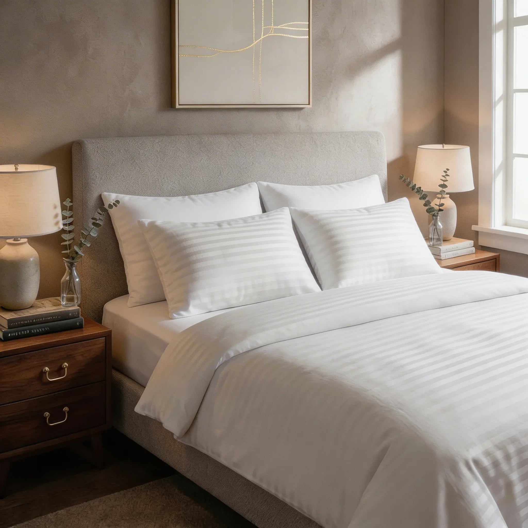 Housse de couette - blanc - satin de coton à rayures soyeux et elégant-MaisonTextile