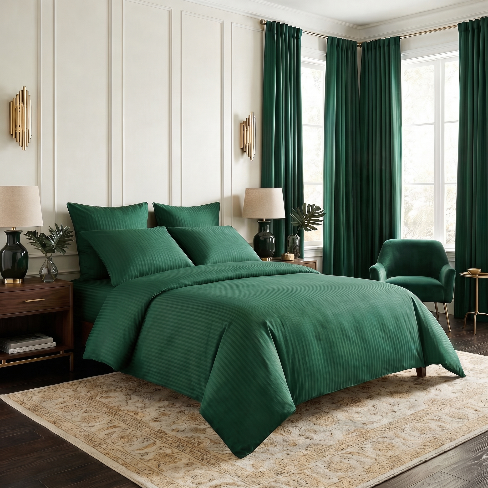 Parure de lit - vert emeraude - satin de coton à rayures soyeux et elégant-MaisonTextile