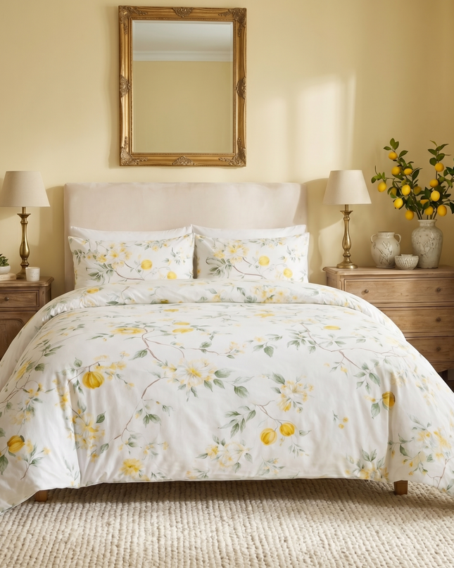 Housse de couette percale de coton - Jardin en Jardin Citronnier – Linge de lit haut de gamme - MaisonTextile