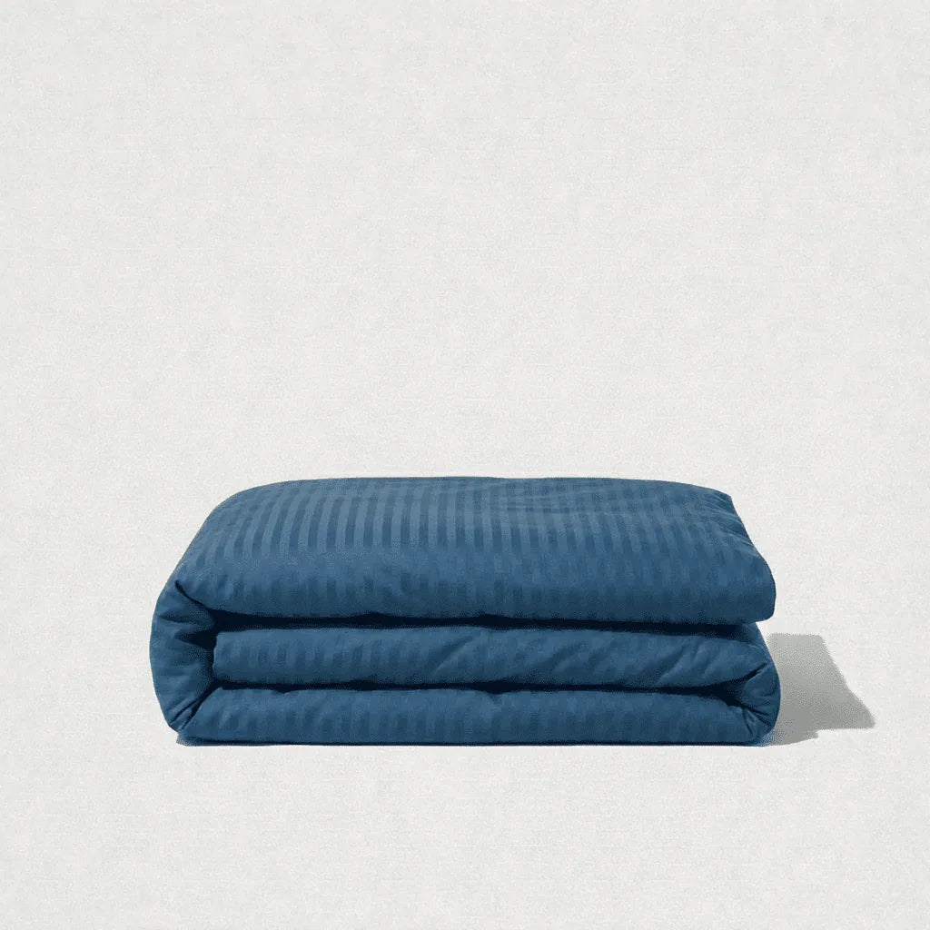 Housse de couette satin de coton - Rayures satinées en Bleu Océan – Linge de lit haut de gamme - MaisonTextile