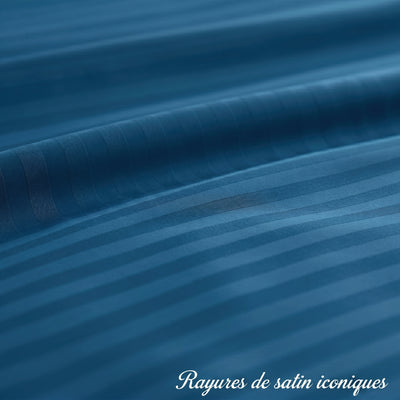 Housse de couette satin de coton - Rayures satinées en Bleu Océan – Linge de lit haut de gamme - MaisonTextile