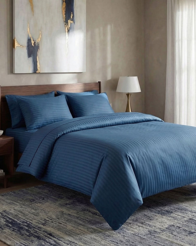 Housse de couette satin de coton - Rayures satinées en Bleu Océan – Linge de lit haut de gamme - MaisonTextile