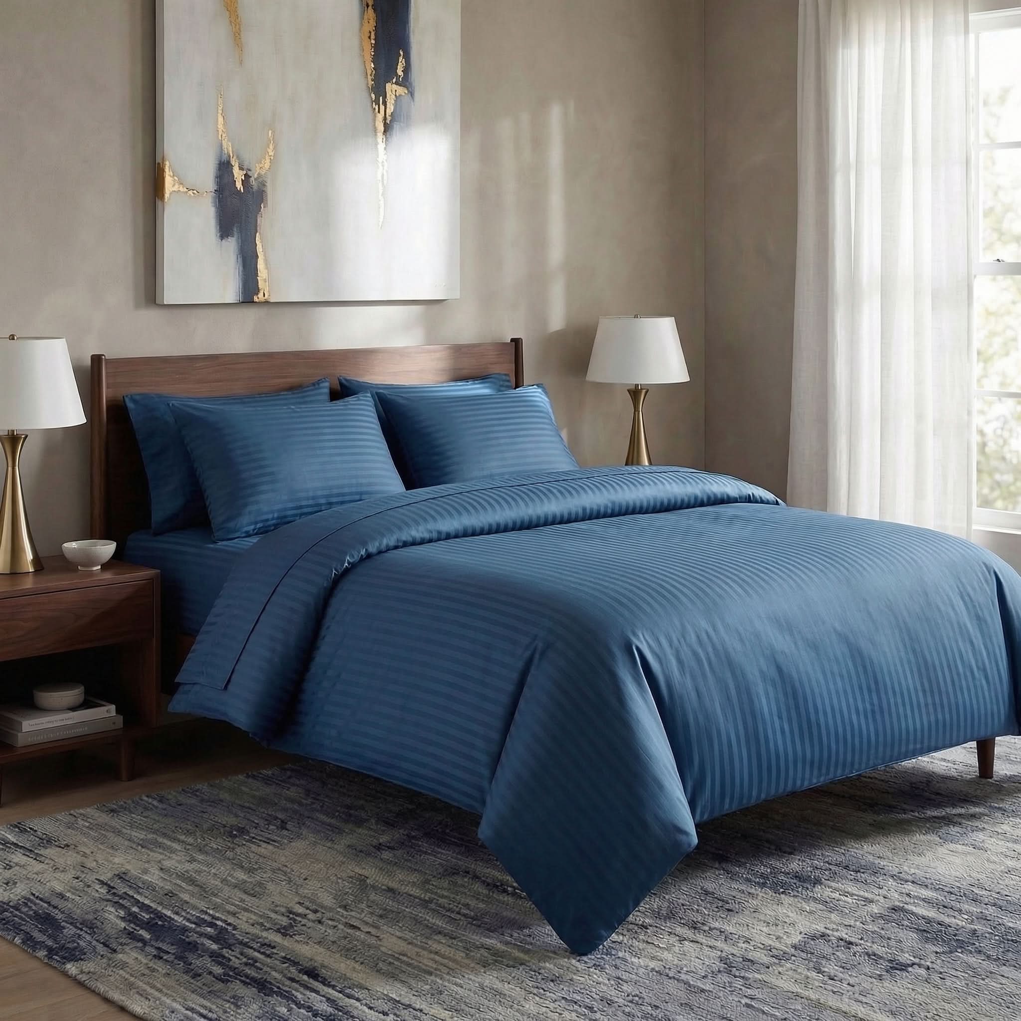 Housse de couette satin de coton - Rayures satinées en Bleu Océan – Linge de lit haut de gamme - MaisonTextile