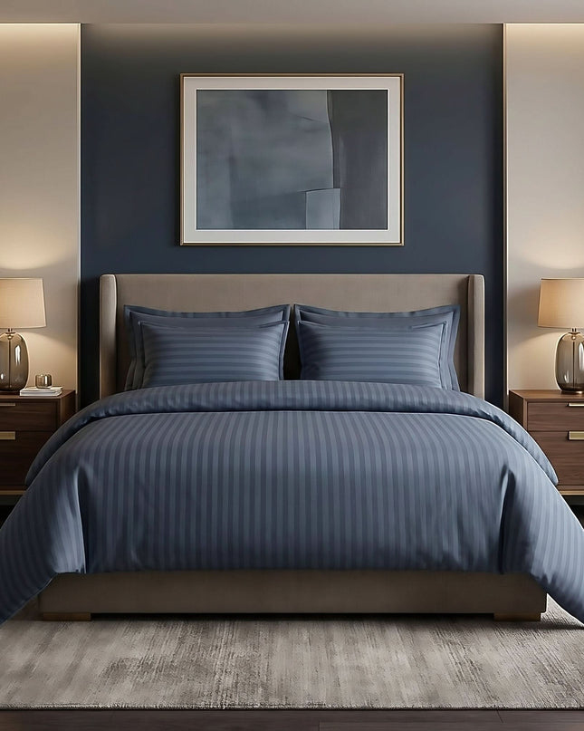 Housse de couette satin de coton - Rayures satinées en Gris Bleuté – Linge de lit haut de gamme - MaisonTextile