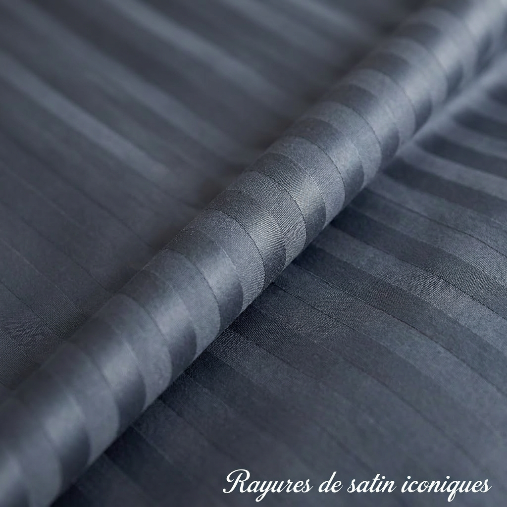Housse de couette satin de coton - Rayures satinées en Gris Bleuté – Linge de lit haut de gamme - MaisonTextile