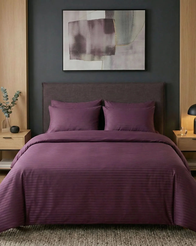Housse de couette satin de coton - Rayures satinées en Mauve Bordeaux – Linge de lit haut de gamme - MaisonTextile