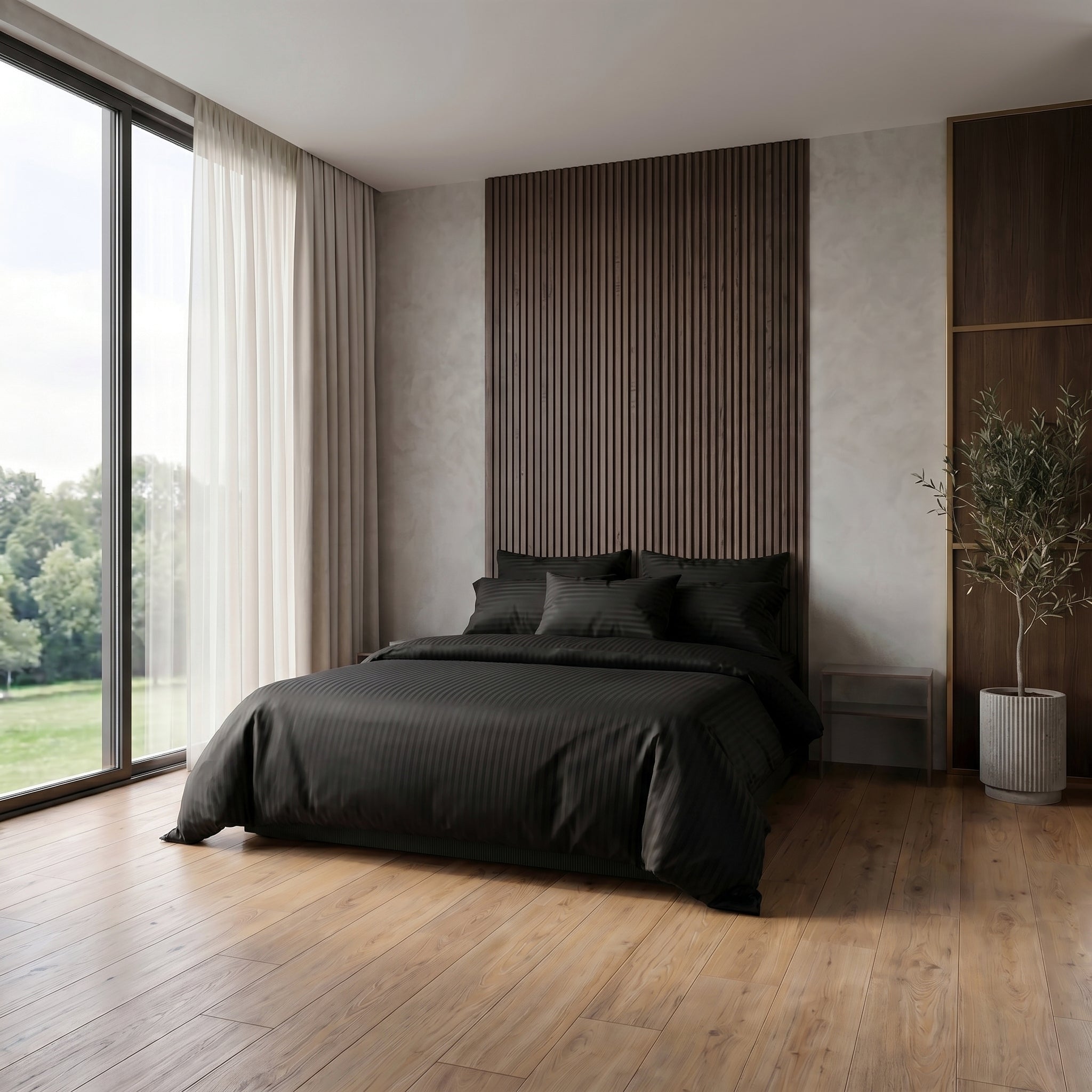 Housse de couette satin de coton - Rayures satinées en Noir Signature – Linge de lit haut de gamme - MaisonTextile