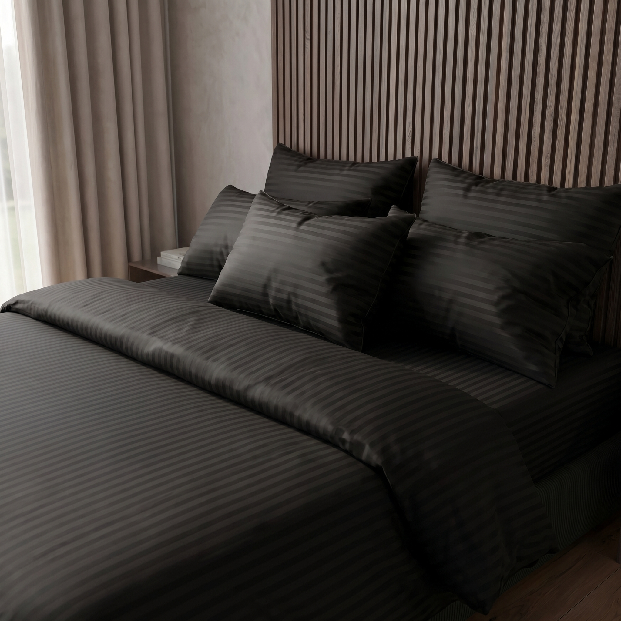 Housse de couette satin de coton - Rayures satinées en Noir Signature – Linge de lit haut de gamme - MaisonTextile
