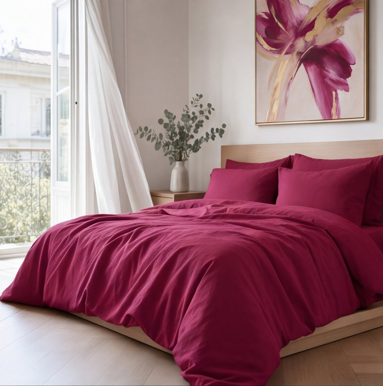 Housse de couette en percale de coton unie, fraîcheur naturelle et tenue impeccable, finition européenne de qualité.