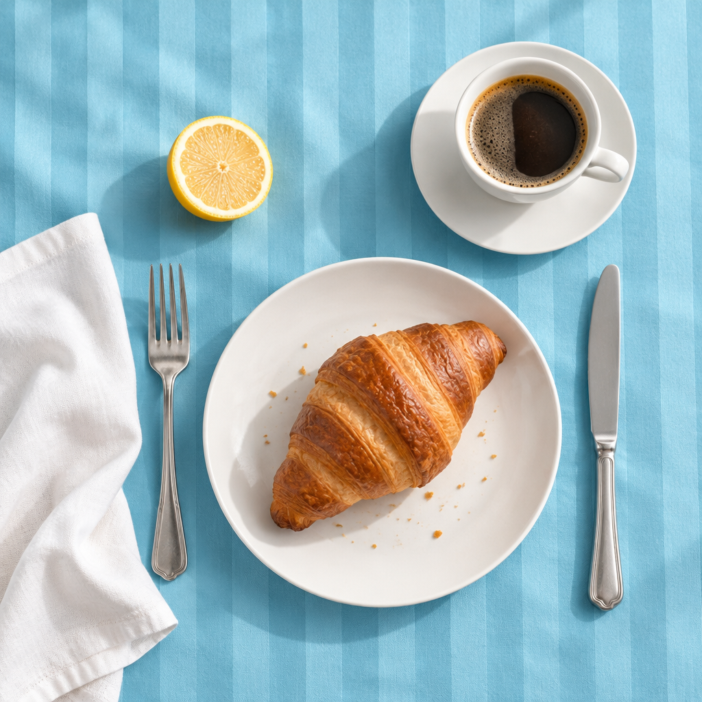 Croissant et café sur la nappe satin de coton rayures Bleu Ciel, vue de dessus