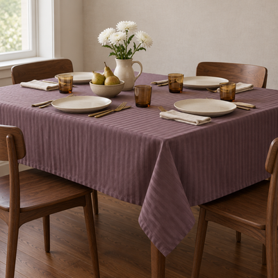 Nappe satin de coton rayures Brun Cacao sur une table dressée, poires et chrysanthèmes
