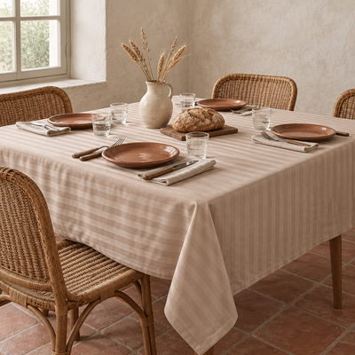Nappe satin de coton rayures Crème Cappuccino sur une table de cuisine de campagne