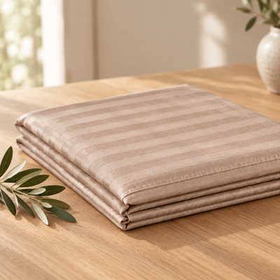 Nappe satin de coton rayures Crème Cappuccino pliée, rayures satinées ton sur ton