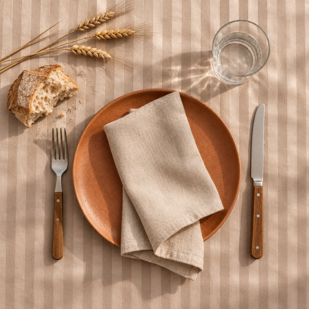 Assiette en terre cuite sur la nappe satin de coton rayures Crème Cappuccino, vue de dessus