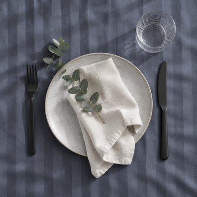 Assiette et serviette sur la nappe satin de coton rayures Gris Bleuté, vue de dessus