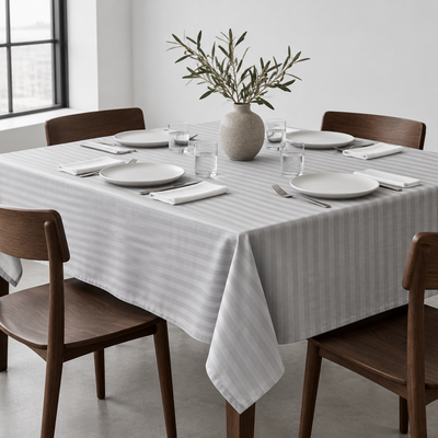 Nappe satin de coton rayures Gris Brume sur une table dressée, loft minimaliste