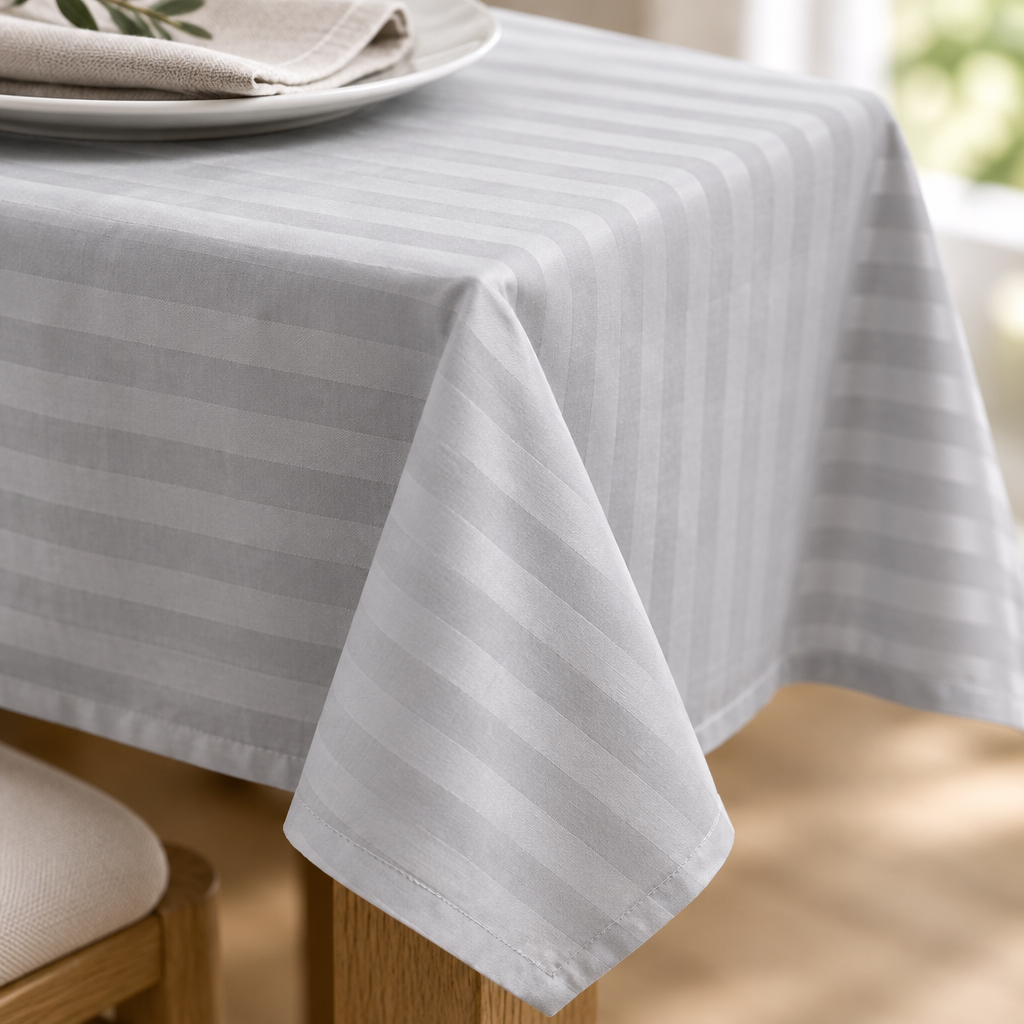 Tombé et ourlet de la nappe satin de coton rayures Gris Brume