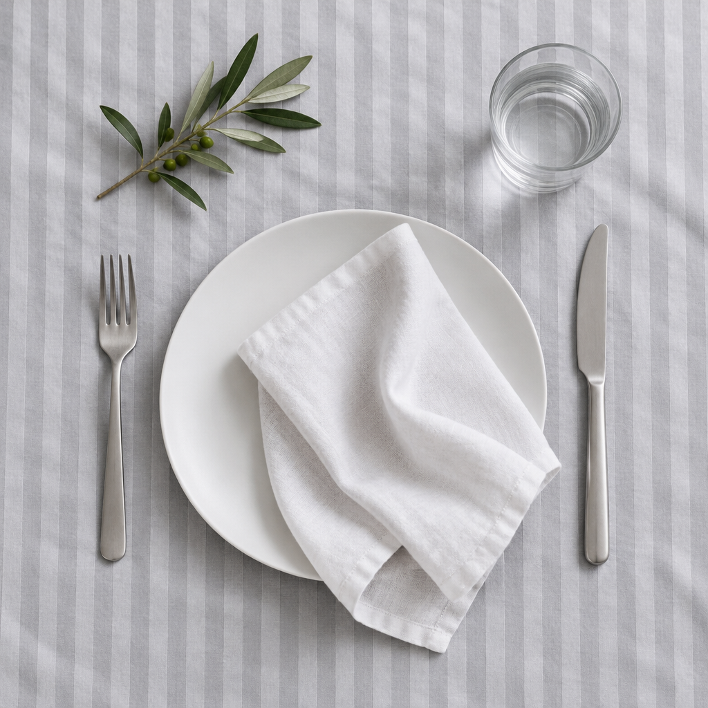 Assiette et serviette sur la nappe satin de coton rayures Gris Brume, vue de dessus