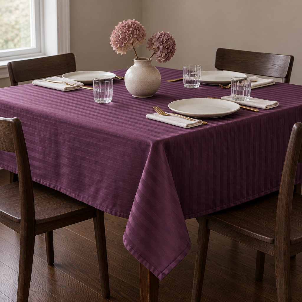 Nappe satin de coton rayures Mauve Bordeaux sur une table dressée, hortensias séchés