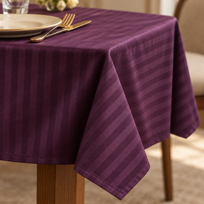 Tombé et ourlet de la nappe satin de coton rayures Mauve Bordeaux