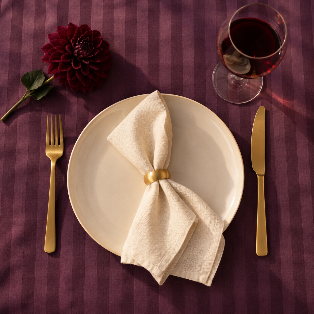 Assiette et serviette sur la nappe satin de coton rayures Mauve Bordeaux, vue de dessus