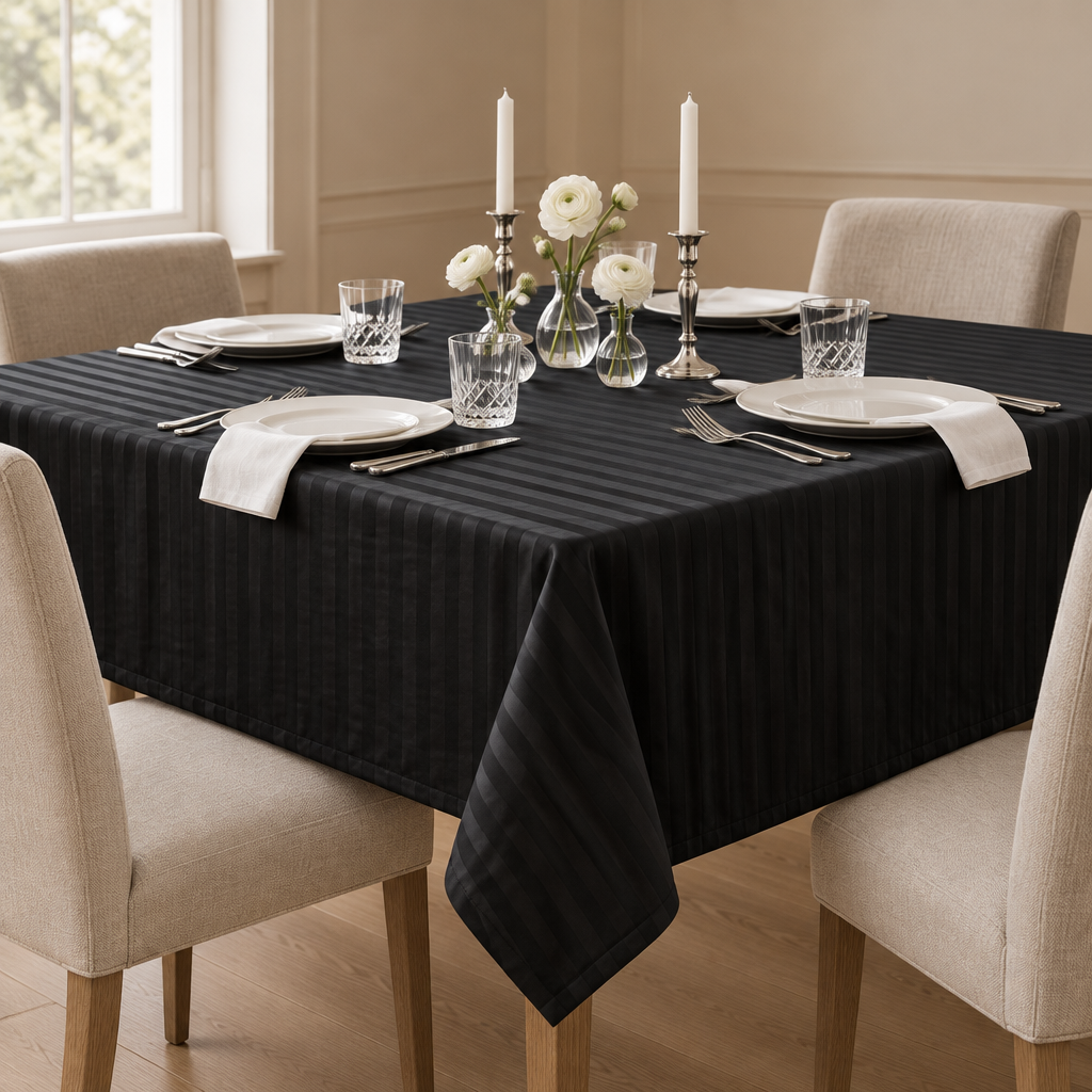 Nappe satin de coton rayures Noir Signature sur une table dressée avec vaisselle blanche