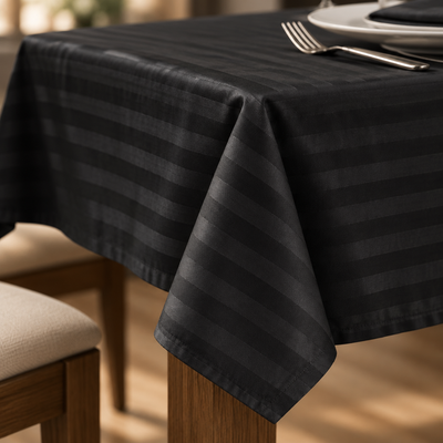 Tombé et ourlet de la nappe satin de coton rayures Noir Signature
