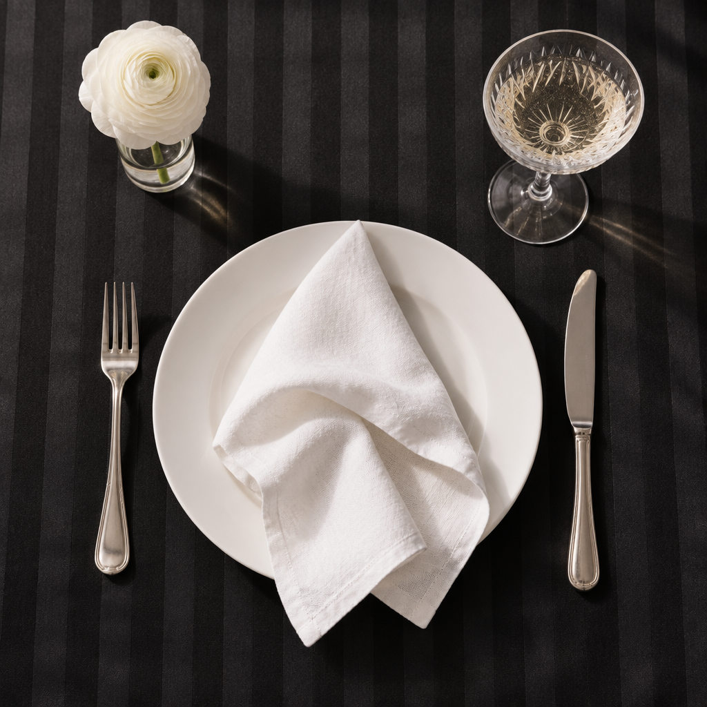 Assiette et coupe de champagne sur la nappe satin de coton rayures Noir Signature, vue de dessus
