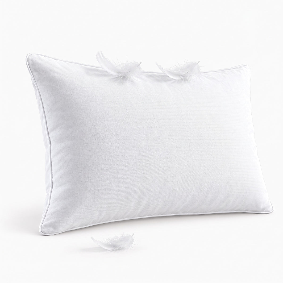 Oreiller 100 % duvet d'oie 50x70, enveloppe 100 % coton à passepoil, avec quelques plumes de duvet posées dessus