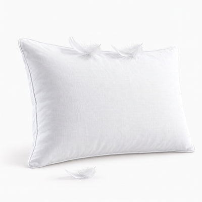 Oreiller 100 % duvet d'oie 50x70, enveloppe 100 % coton à passepoil, avec quelques plumes de duvet posées dessus