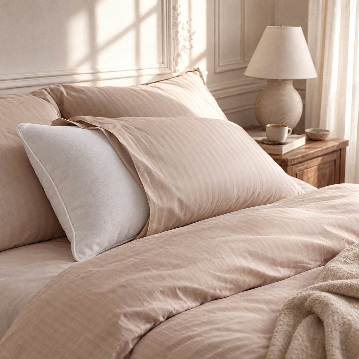 Oreiller hypoallergénique blanc glissé dans une taie en satin de coton Crème Cappuccino, sur un lit dans une chambre lumineuse