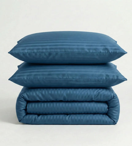 Parure de lit en satin de coton – Rayures satinées en Bleu Océan – Linge de lit haut de gamme - MaisonTextile