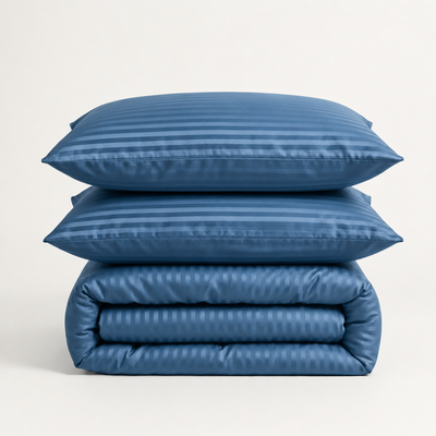 Parure de lit en satin de coton – Rayures satinées en Bleu Océan – Linge de lit haut de gamme - MaisonTextile