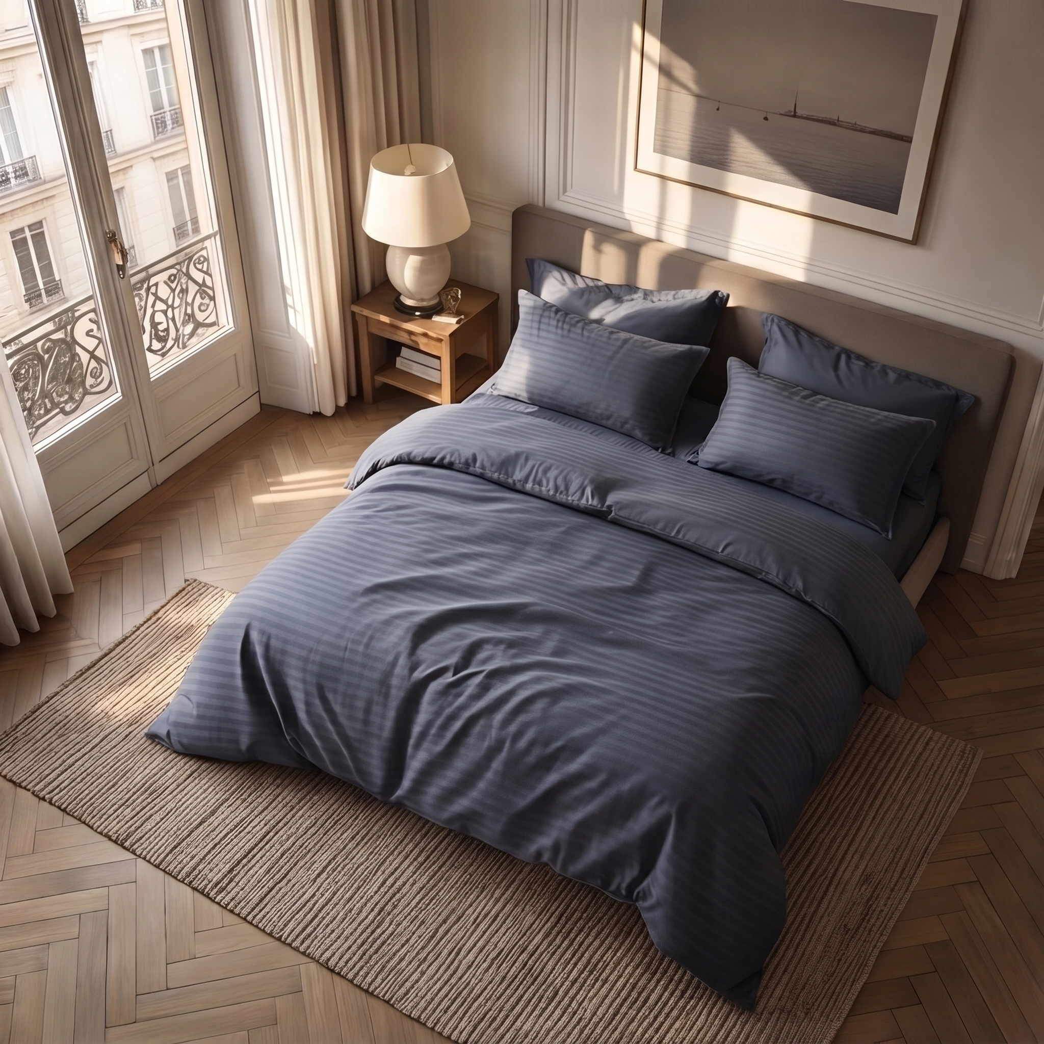 Housse de couette satin de coton rayures élégantes texture soyeuse douceur lumineuse