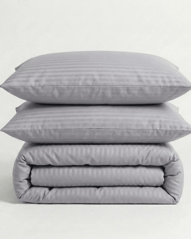Parure de lit en satin de coton – Rayures satinées en Gris – Linge de lit haut de gamme - MaisonTextile