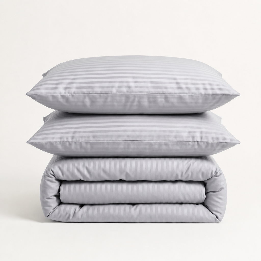 Parure de lit en satin de coton – Rayures satinées en Gris – Linge de lit haut de gamme - MaisonTextile