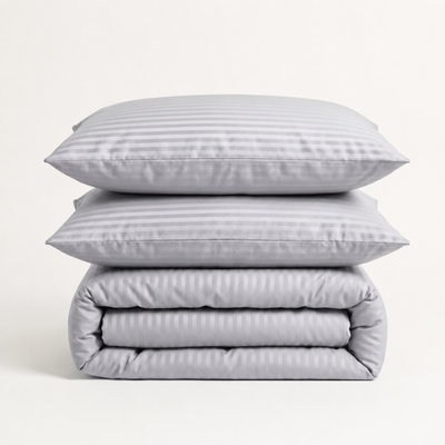 Parure de lit en satin de coton – Rayures satinées en Gris – Linge de lit haut de gamme - MaisonTextile