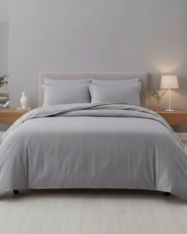 Parure de lit en satin de coton – Rayures satinées en Gris – Linge de lit haut de gamme - MaisonTextile