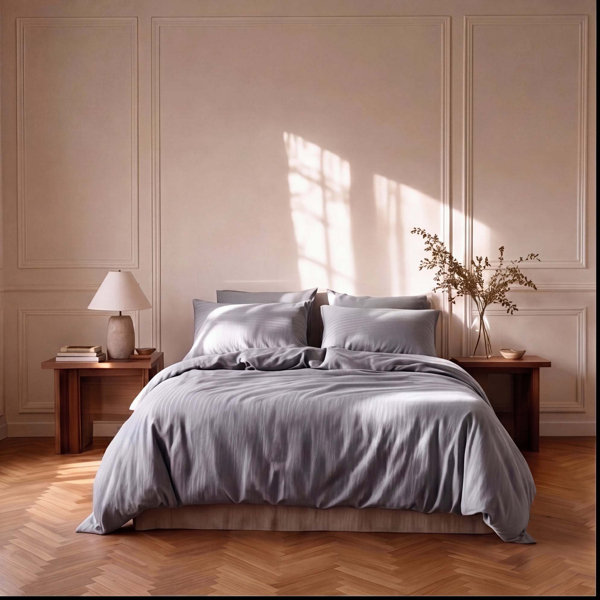 Drap-housse satin premium à fines rayures élégantes, texture soyeuse et finition brillante pour une chambre raffinée.