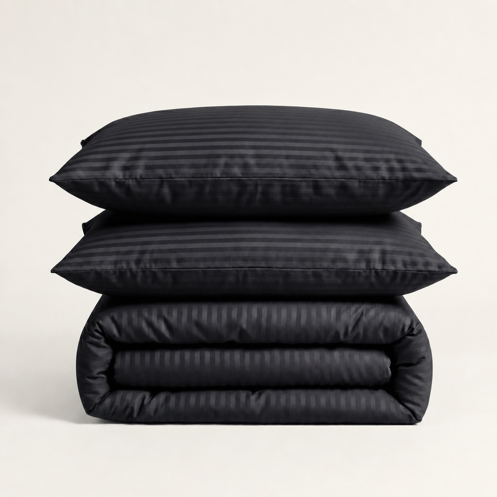 Parure de lit en satin de coton – Rayures satinées en Noir Signature – Linge de lit haut de gamme - MaisonTextile