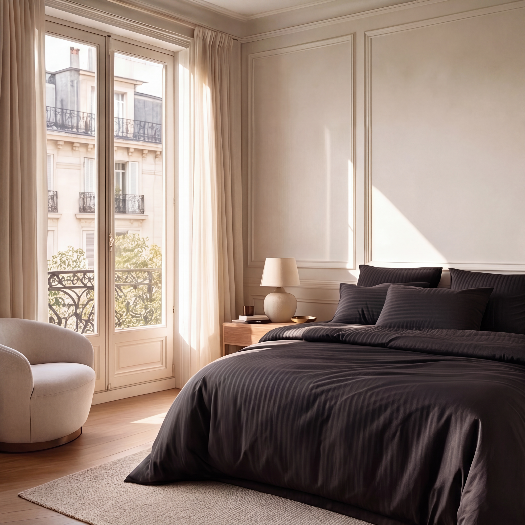 Drap-housse satin premium en coton à fines rayures ton sur ton, finition soyeuse et élégante pour une chambre raffinée