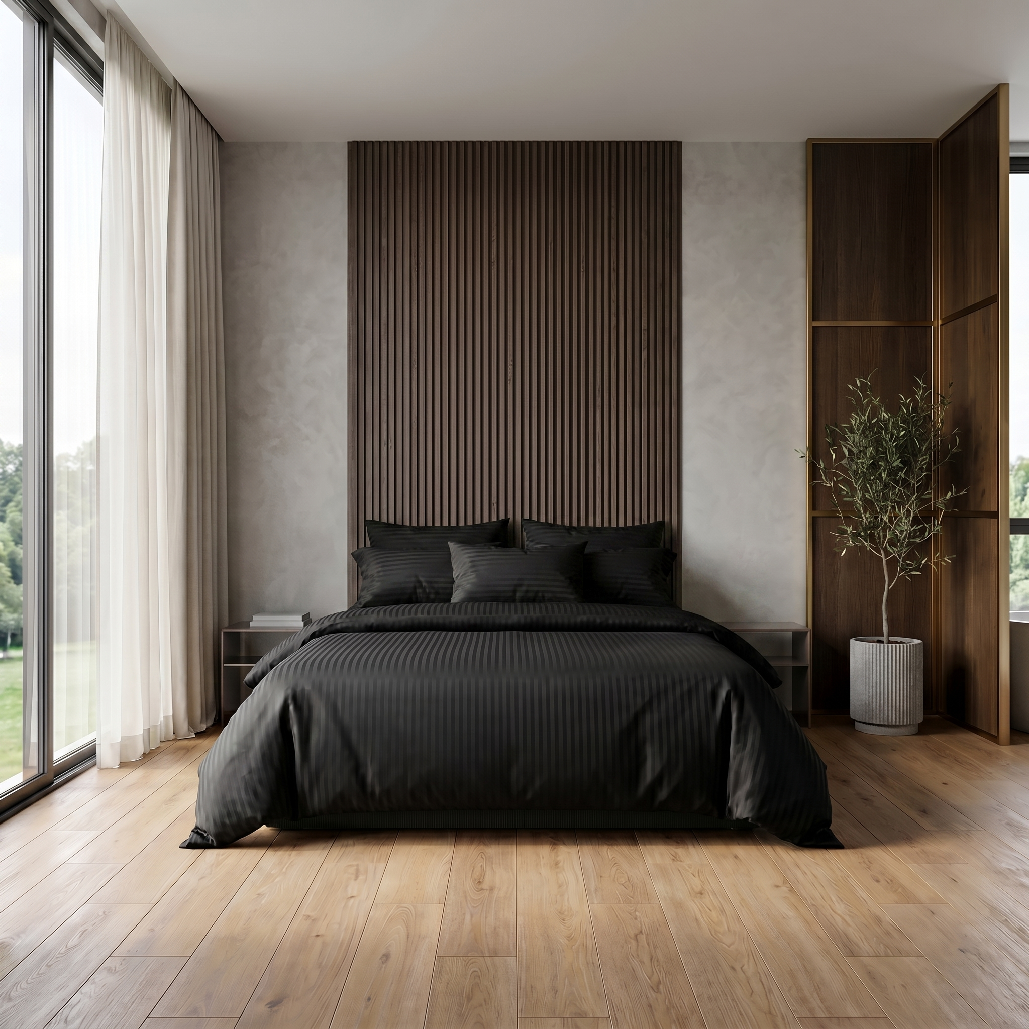 Parure de lit en satin de coton – Rayures satinées en Noir Signature – Linge de lit haut de gamme - MaisonTextile