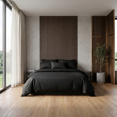 Parure de lit en satin de coton – Rayures satinées en Noir Signature – Linge de lit haut de gamme - MaisonTextile