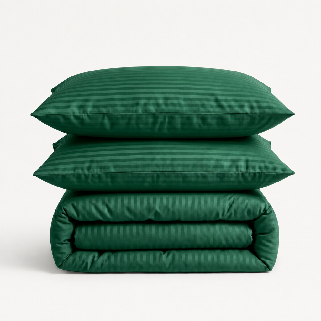 Parure de lit en satin de coton – Rayures satinées en Vert Émeraude – Linge de lit haut de gamme - MaisonTextile