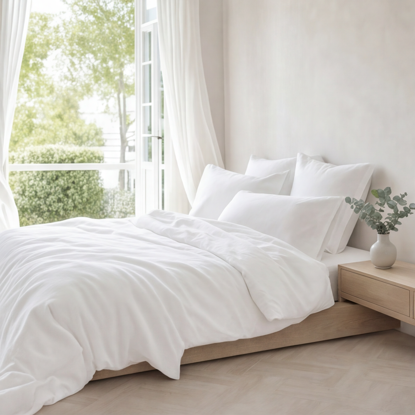 Parure en percale de coton unie blanc neige – ambiance face chambre