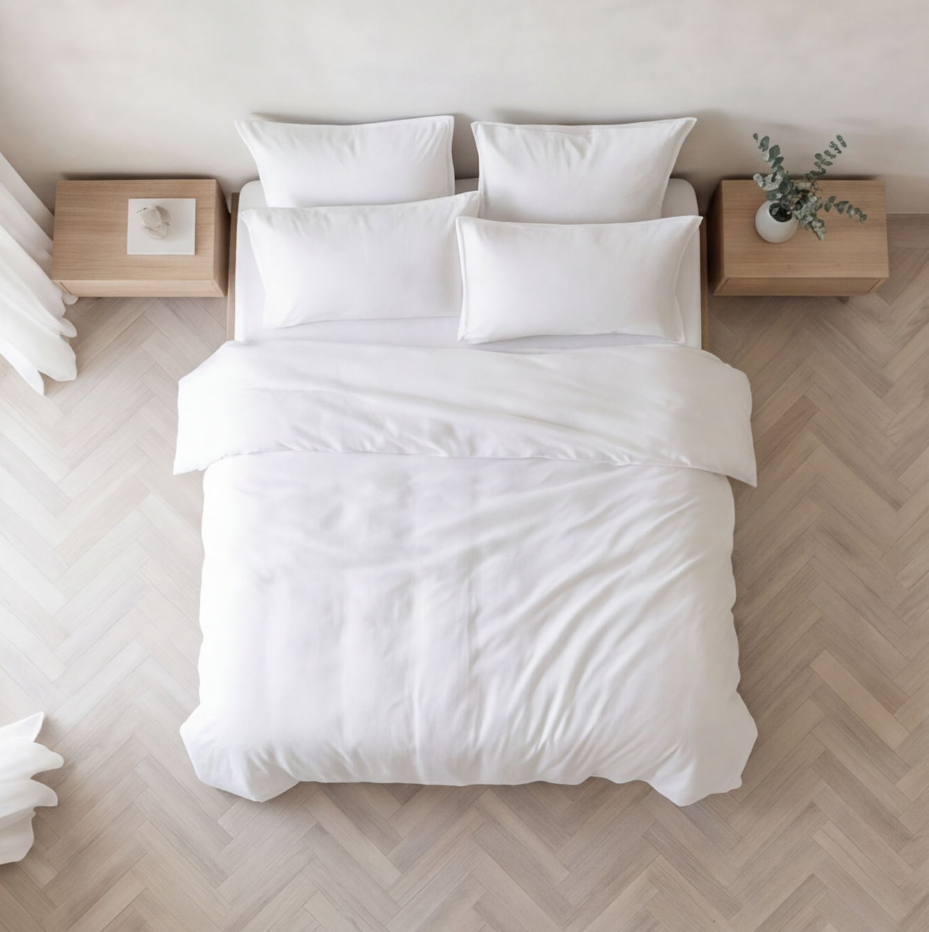 Parure en percale de coton unie blanc neige – vue dessus lit structuré